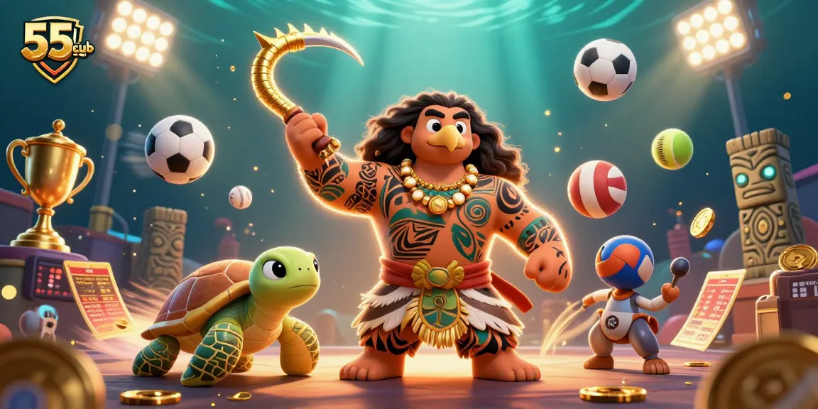 Experience thrilling action at 55club as characters celebrate sports betting with dynamic visuals and vibrant elements.