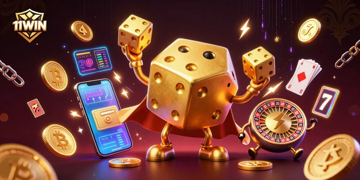 Experience exhilarating wins at 11WIN with a dynamic 3D illustration of festive casino elements.
