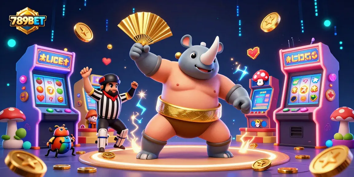 Experience the thrill of gaming with 789BET as a sumo beetle champion celebrates with golden coins and lively casino elements.