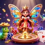 Engage with 8xbet's vibrant casino experience featuring a butterfly queen and glittering game elements.