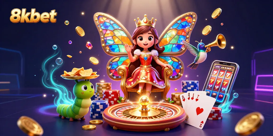 Engage with 8xbet's vibrant casino experience featuring a butterfly queen and glittering game elements.