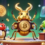 Engage in action at VIPWIN with dynamic crypto elements and playful characters in a vibrant casino illustration.
