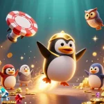 Join the 11WIN casino adventure with a vibrant rocket-powered penguin soaring through a treasure-filled galaxy.