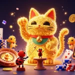 Experience the thrill of tx88 with a vibrant scene of a lucky cat and casino symbols, showcasing joyful gaming.