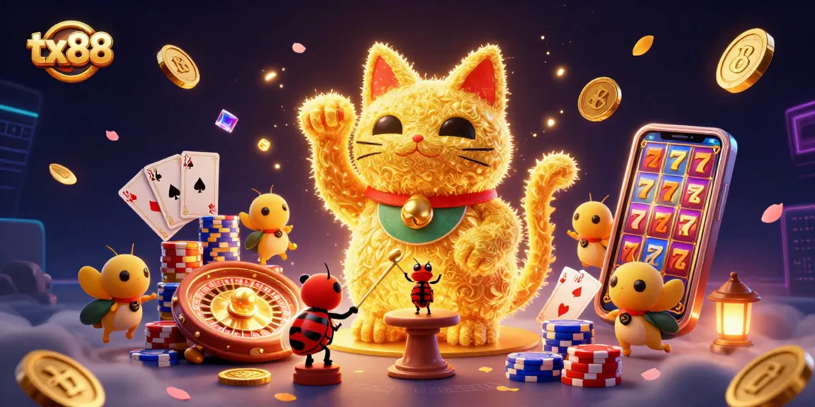 Experience the thrill of tx88 with a vibrant scene of a lucky cat and casino symbols, showcasing joyful gaming.