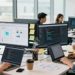 Build internal tools with AI with a diverse team collaborating in a modern workspace.