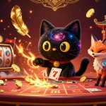 11WIN's cosmic casino scene with a black hole cat and nebula fox engaging in vibrant slot games.