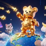 Engaging sunwin scene with a constellation bear scooping coins amidst crypto elements and magic.