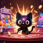 Experience thrilling slot777 action with a cosmic black hole cat and nebula fox in a vibrant casino scene.