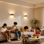 Aplice LED montate pe un perete dintr-un living modern, creând o atmosferă caldă și primitoare pentru familie.