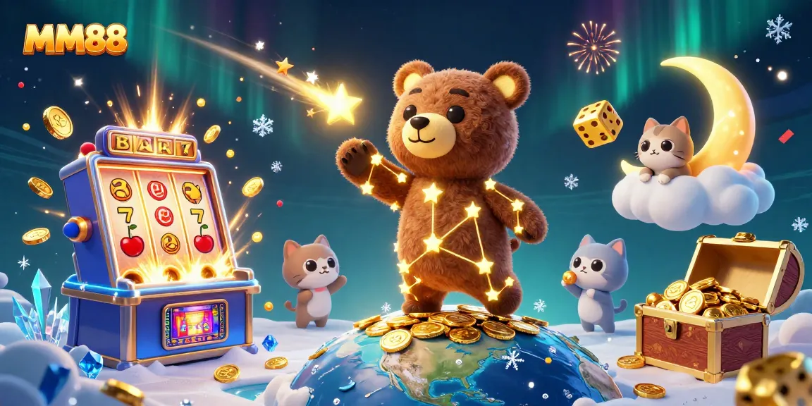 Engage in MM88 casino fun with vibrant 3D illustrations of games, jackpots, and lucky symbols.