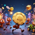 vaoroitv showcases a vibrant scene with cartoon ants executing a heist carrying a giant poker chip amidst slot machines and festive casino elements