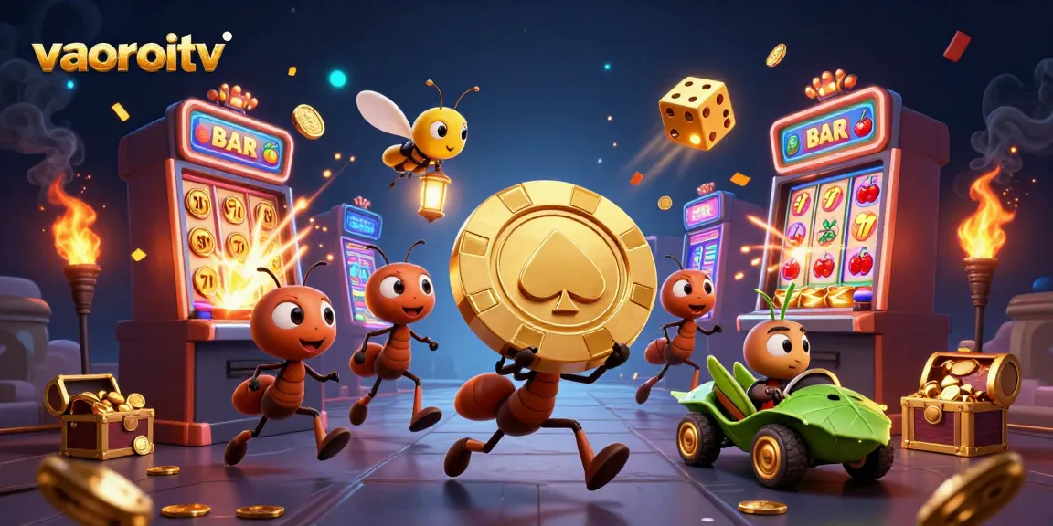 vaoroitv showcases a vibrant scene with cartoon ants executing a heist carrying a giant poker chip amidst slot machines and festive casino elements