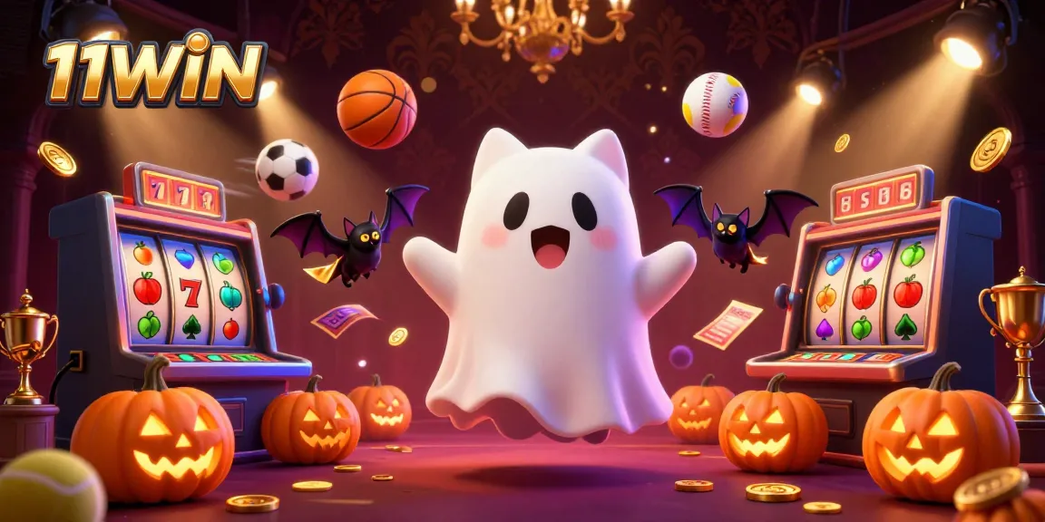 Engage in thrilling gaming experiences with the 11WIN haunted casino featuring a ghost cat and sports-themed elements.